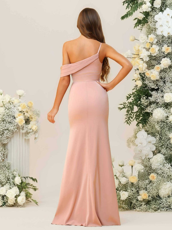 Sheath/Column Ruched Asymmetrical Floor-Length Bridesmaid Dresses with Satin