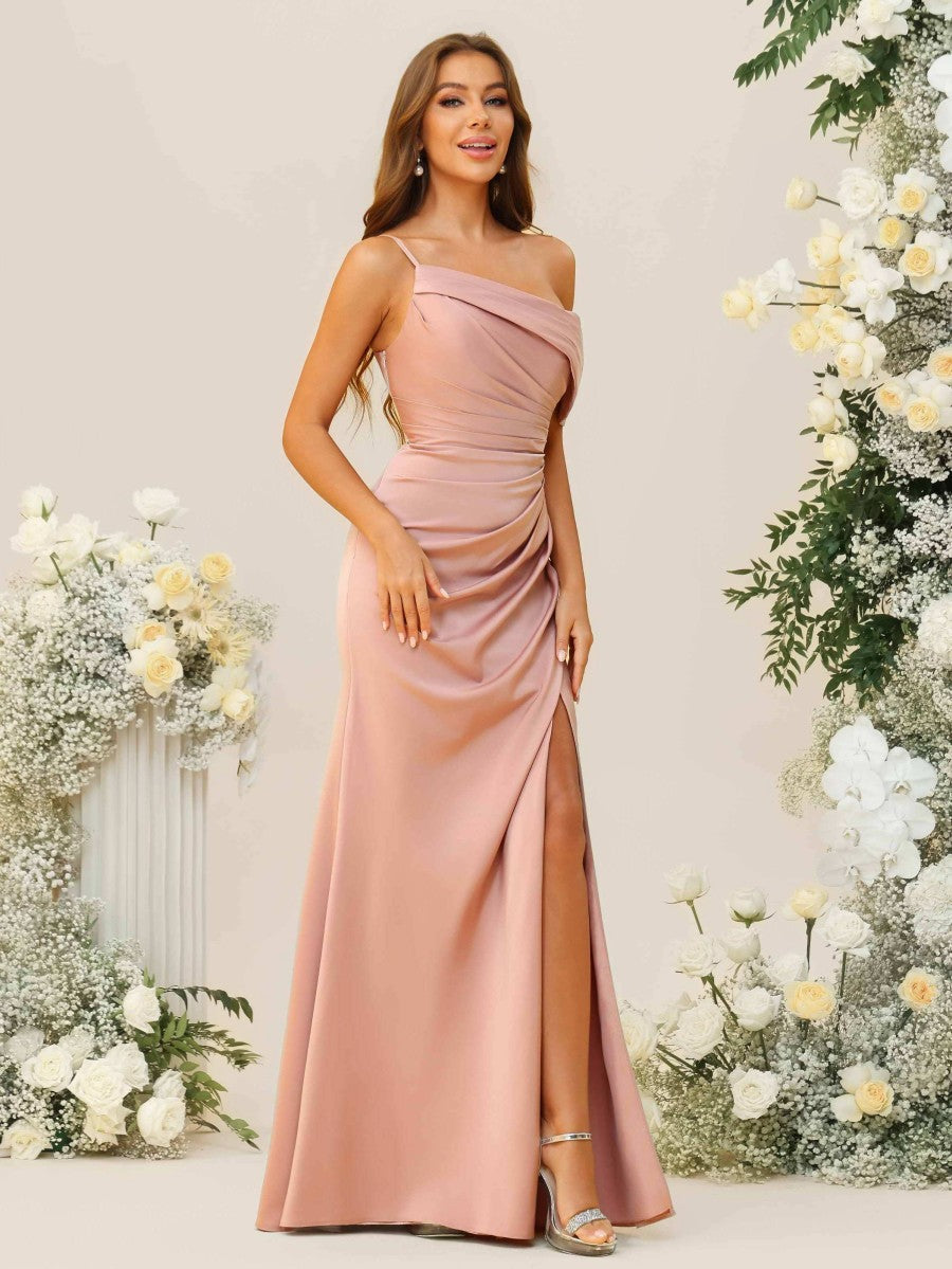 Sheath/Column Ruched Asymmetrical Floor-Length Bridesmaid Dresses with Satin