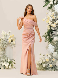 Sheath/Column Ruched Asymmetrical Floor-Length Bridesmaid Dresses with Satin