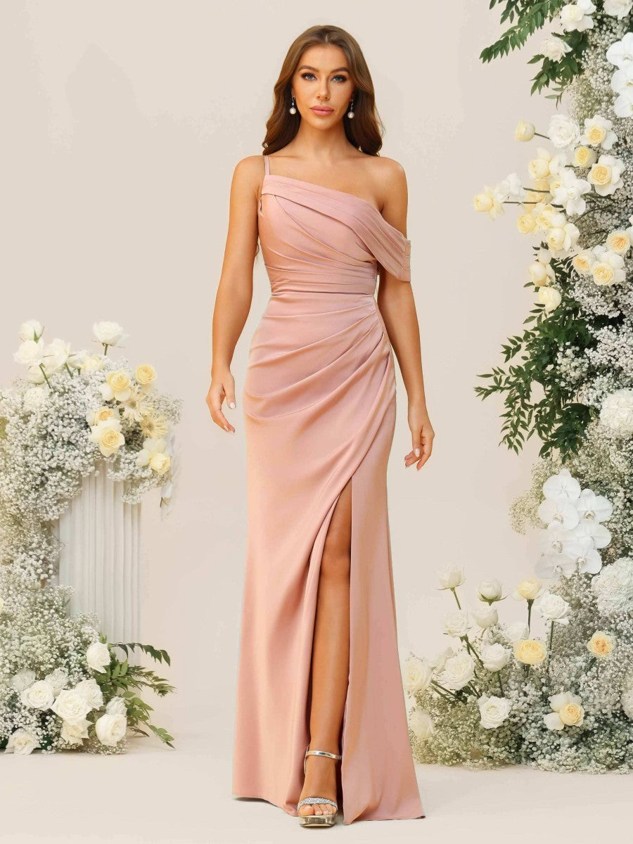 Sheath/Column Ruched Asymmetrical Floor-Length Bridesmaid Dresses with Satin