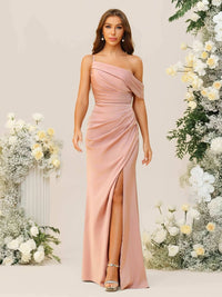 Sheath/Column Ruched Asymmetrical Floor-Length Bridesmaid Dresses with Satin