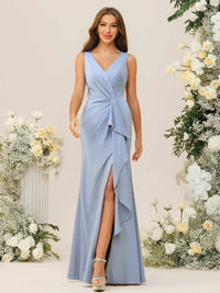 Sheath/Column V-Neck Ruched Floor-Length Bridesmaid Dresses with Ruffle Trail