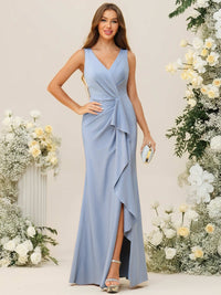 Sheath/Column V-Neck Ruched Floor-Length Bridesmaid Dresses with Ruffle Trail