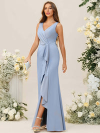Sheath/Column V-Neck Ruched Floor-Length Bridesmaid Dresses with Ruffle Trail