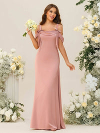 A-Line/Princess Cold Shoulder Cowl Neck Floor-Length Bridesmaid Dresses with Bows