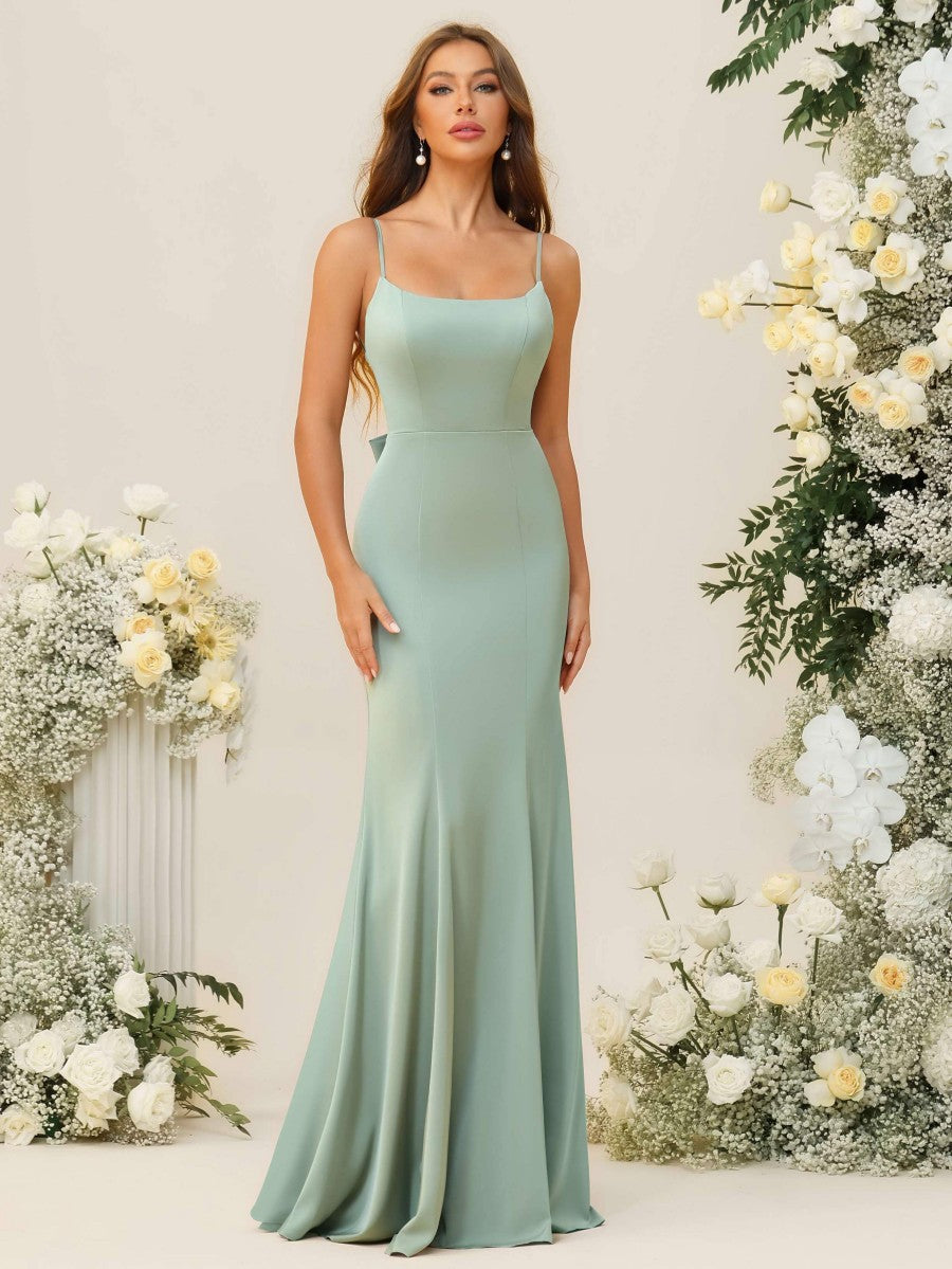 Ruffle Mermaid/Trumpet Spaghetti Strap Floor-Length Bridesmaid Dresses with Bow