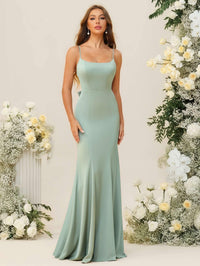 Ruffle Mermaid/Trumpet Spaghetti Strap Floor-Length Bridesmaid Dresses with Bow