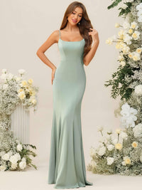 Ruffle Mermaid/Trumpet Spaghetti Strap Floor-Length Bridesmaid Dresses with Bow