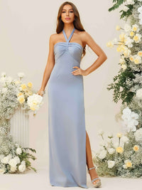 Sheath/Column Halter Ruched Floor-Length Bridesmaid Dresses with Bow Tie