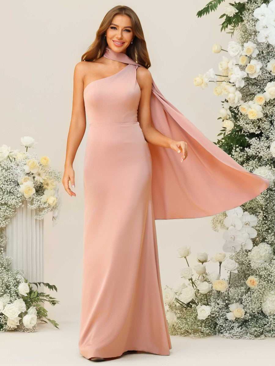 Sheath/Column One Shoulder Floor-Length Bridesmaid Dresses with Scarf