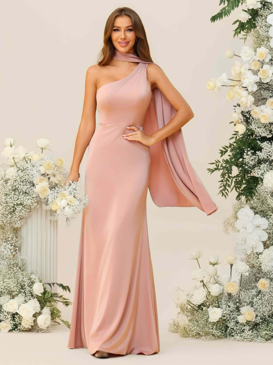 Sheath/Column One Shoulder Floor-Length Bridesmaid Dresses with Scarf