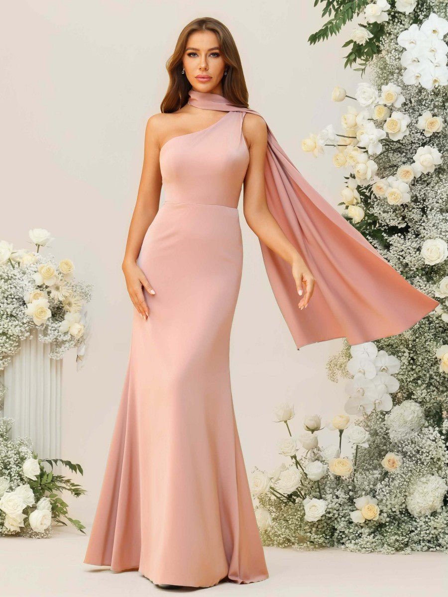 Sheath/Column One Shoulder Floor-Length Bridesmaid Dresses with Scarf