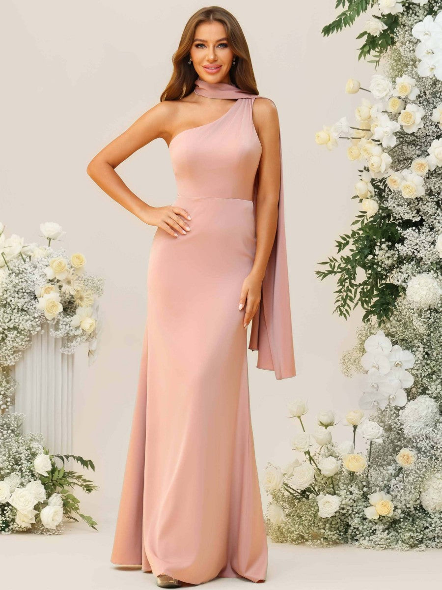 Sheath/Column One Shoulder Floor-Length Bridesmaid Dresses with Scarf