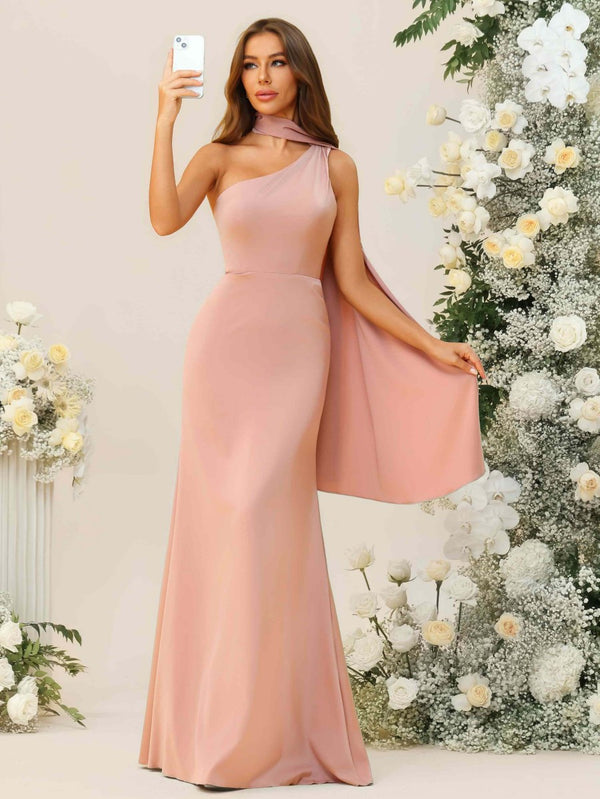 Sheath/Column One Shoulder Floor-Length Bridesmaid Dresses with Scarf