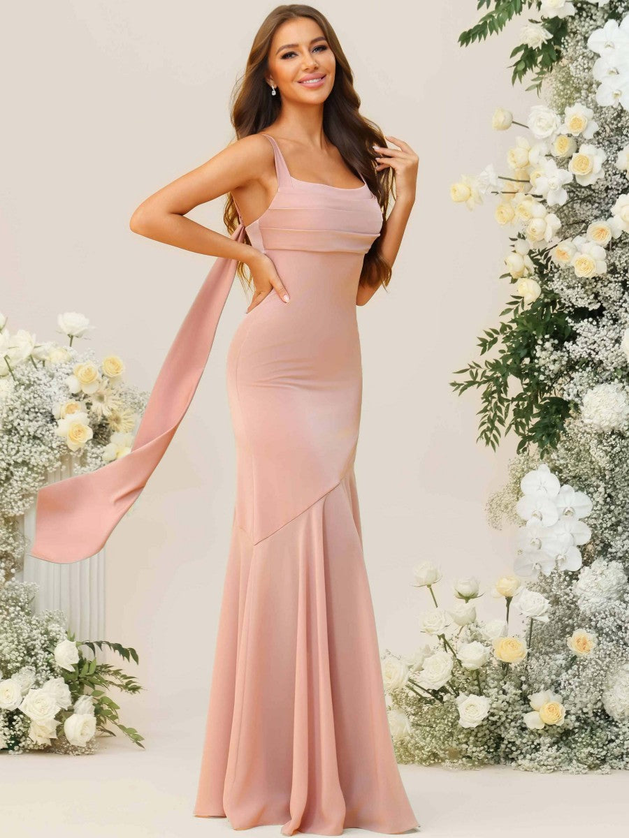 Mermaid/Trumpet Spaghetti Strap Drop Waist Floor-Length Bridesmaid Dresses with Drapes
