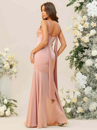 Mermaid/Trumpet Spaghetti Strap Drop Waist Floor-Length Bridesmaid Dresses with Drapes