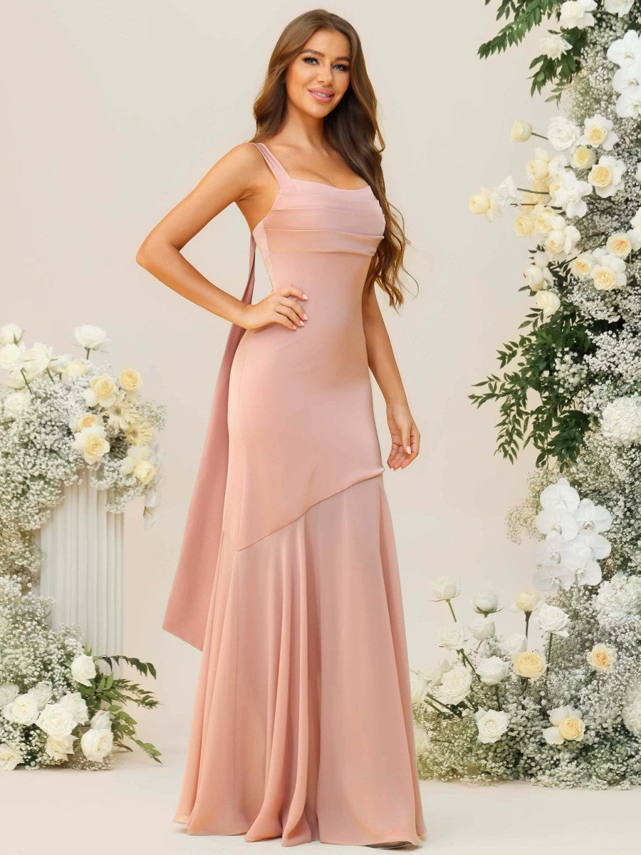 Mermaid/Trumpet Spaghetti Strap Drop Waist Floor-Length Bridesmaid Dresses with Drapes