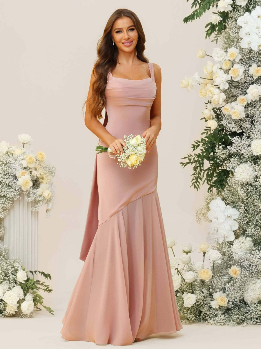 Mermaid/Trumpet Spaghetti Strap Drop Waist Floor-Length Bridesmaid Dresses with Drapes