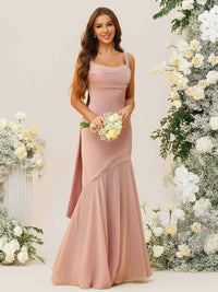 Mermaid/Trumpet Spaghetti Strap Drop Waist Floor-Length Bridesmaid Dresses with Drapes