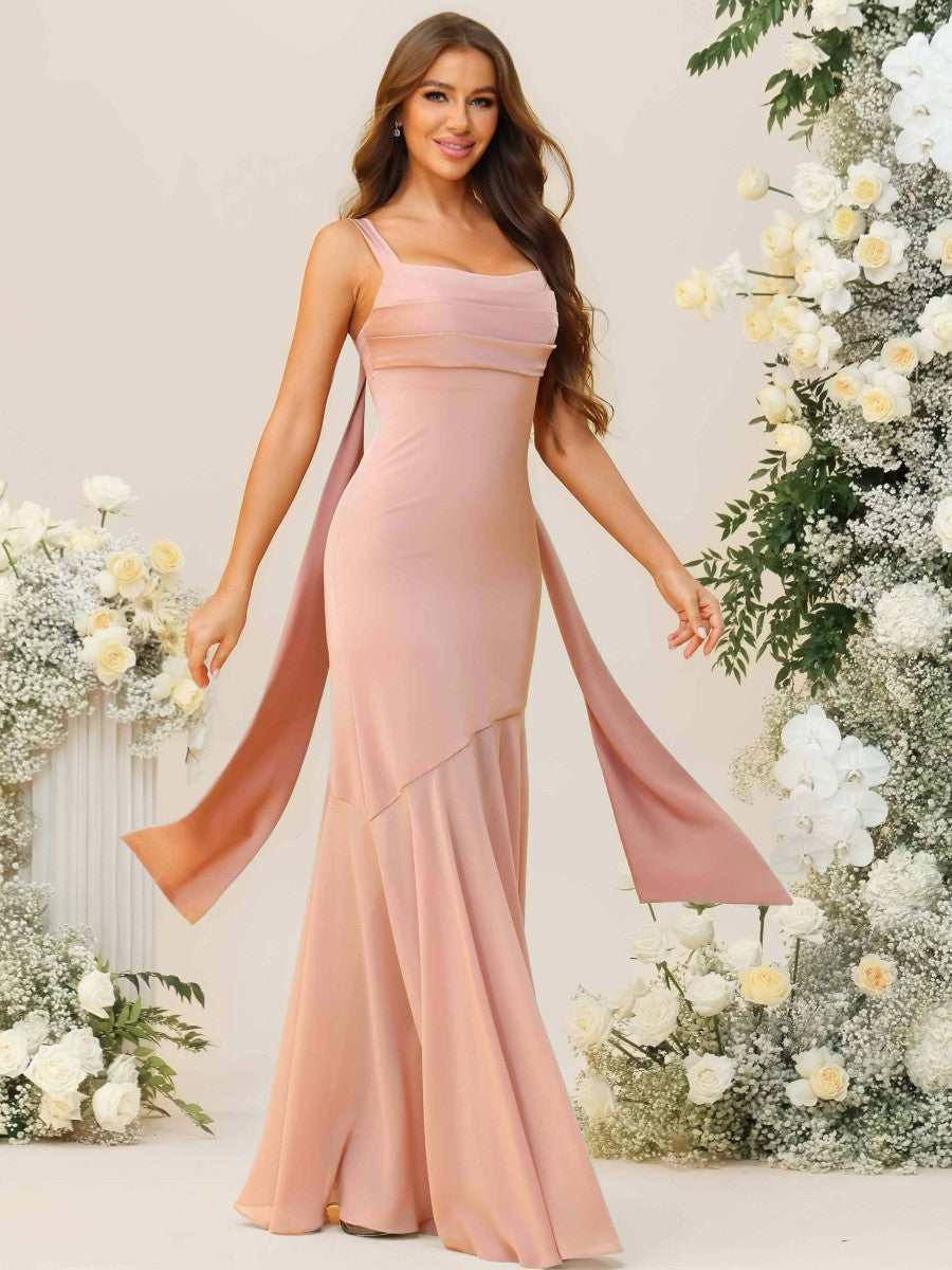 Mermaid/Trumpet Spaghetti Strap Drop Waist Floor-Length Bridesmaid Dresses with Drapes