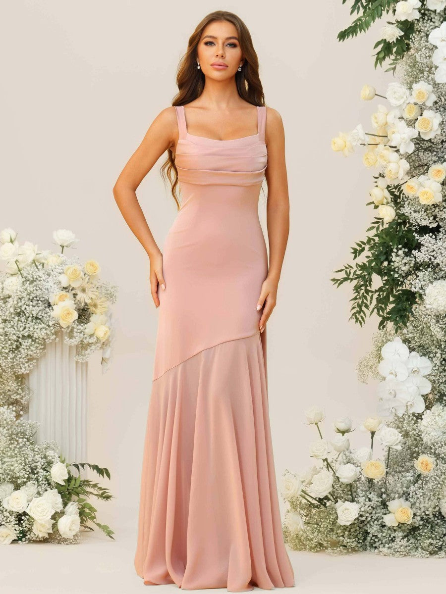 Mermaid/Trumpet Spaghetti Strap Drop Waist Floor-Length Bridesmaid Dresses with Drapes