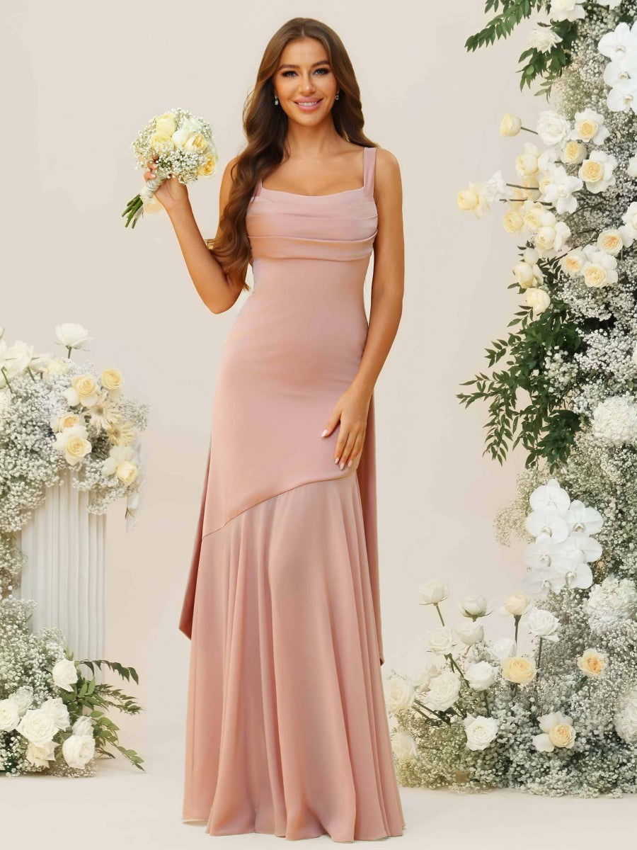 Mermaid/Trumpet Spaghetti Strap Drop Waist Floor-Length Bridesmaid Dresses with Drapes