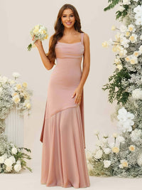 Mermaid/Trumpet Spaghetti Strap Drop Waist Floor-Length Bridesmaid Dresses with Drapes