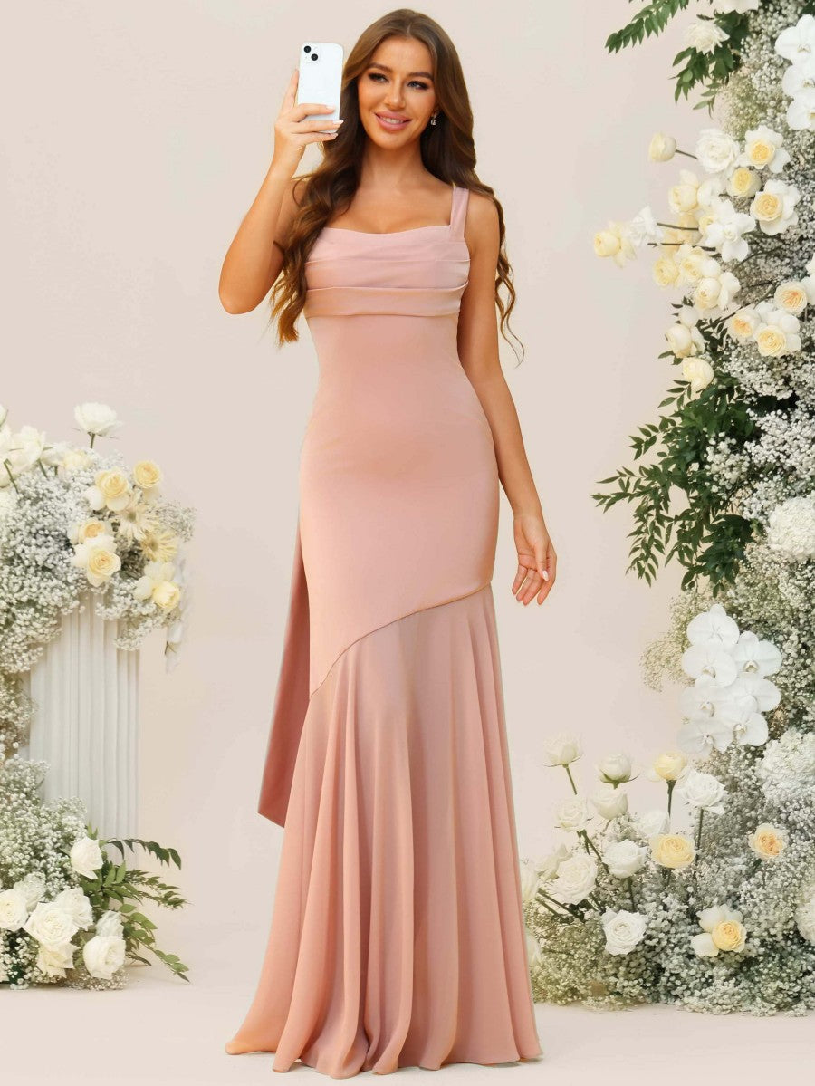 Mermaid/Trumpet Spaghetti Strap Drop Waist Floor-Length Bridesmaid Dresses with Drapes