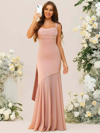 Mermaid/Trumpet Spaghetti Strap Drop Waist Floor-Length Bridesmaid Dresses with Drapes