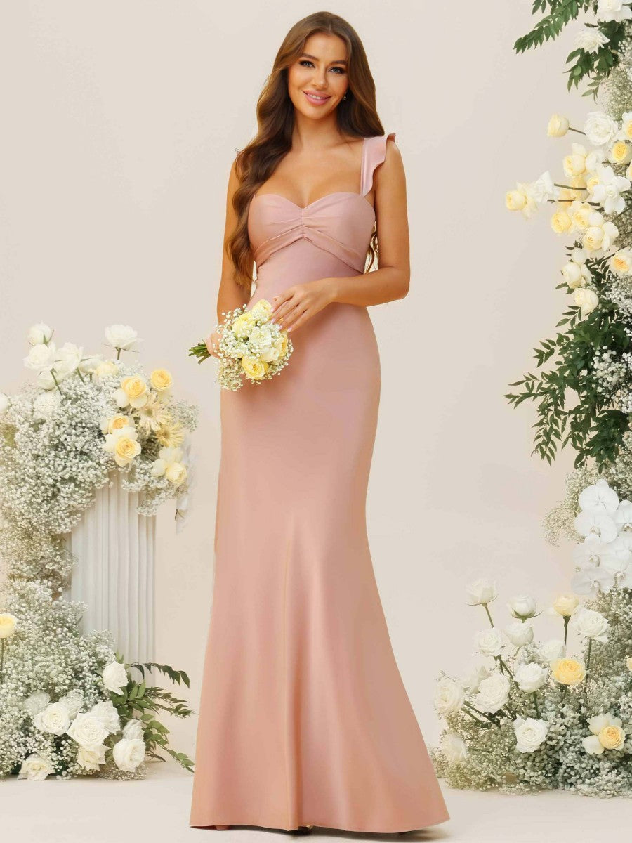 Sheath/Column Ruffle Sleeves Ruched Floor-Length Bridesmaid Dresses