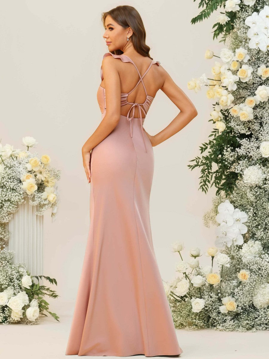 Sheath/Column Ruffle Sleeves Ruched Floor-Length Bridesmaid Dresses