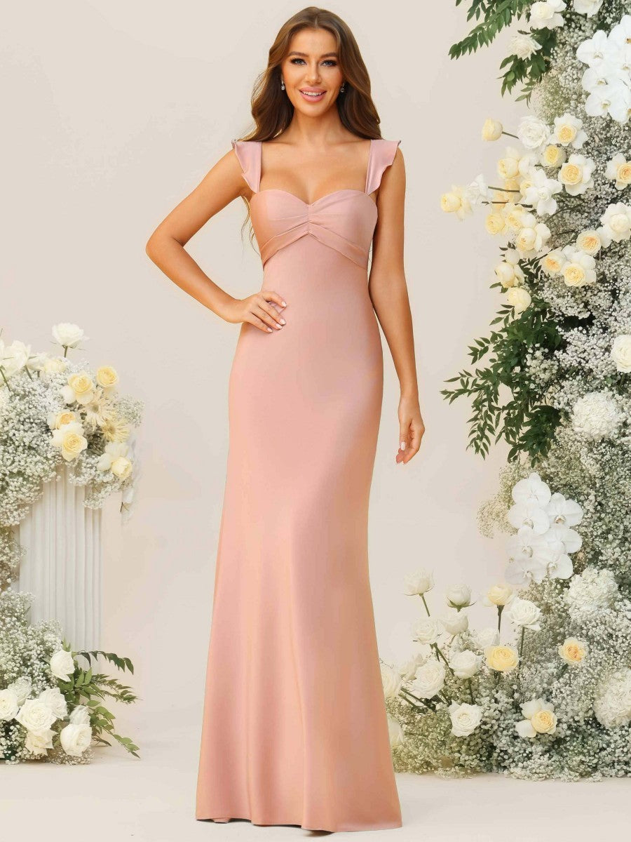 Sheath/Column Ruffle Sleeves Ruched Floor-Length Bridesmaid Dresses