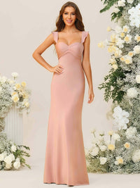 Sheath/Column Ruffle Sleeves Ruched Floor-Length Bridesmaid Dresses