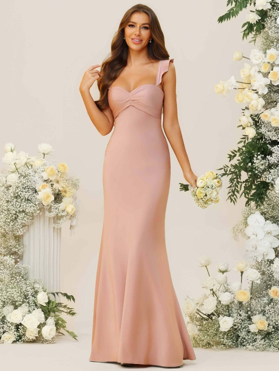 Sheath/Column Ruffle Sleeves Ruched Floor-Length Bridesmaid Dresses
