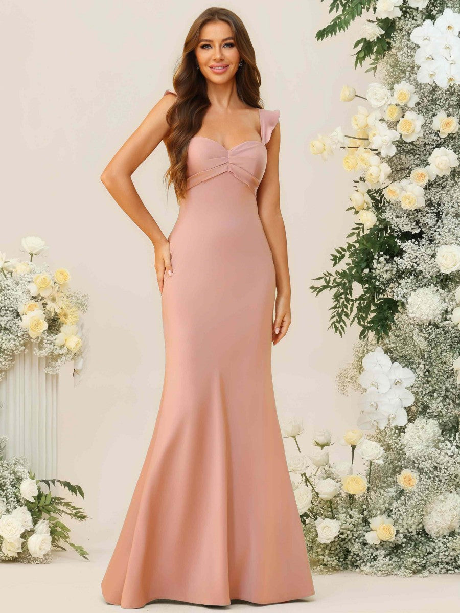 Sheath/Column Ruffle Sleeves Ruched Floor-Length Bridesmaid Dresses