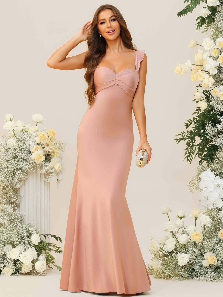 Sheath/Column Ruffle Sleeves Ruched Floor-Length Bridesmaid Dresses
