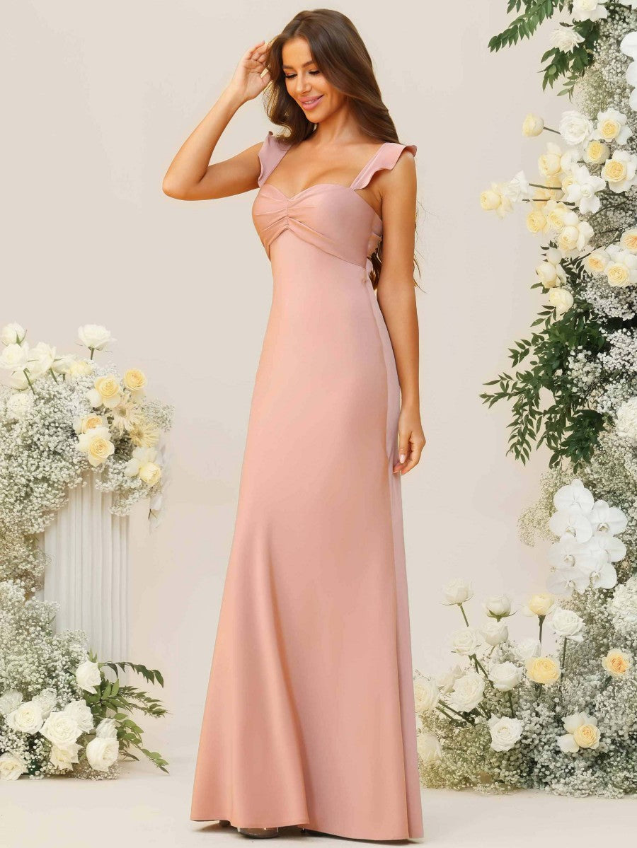 Sheath/Column Ruffle Sleeves Ruched Floor-Length Bridesmaid Dresses