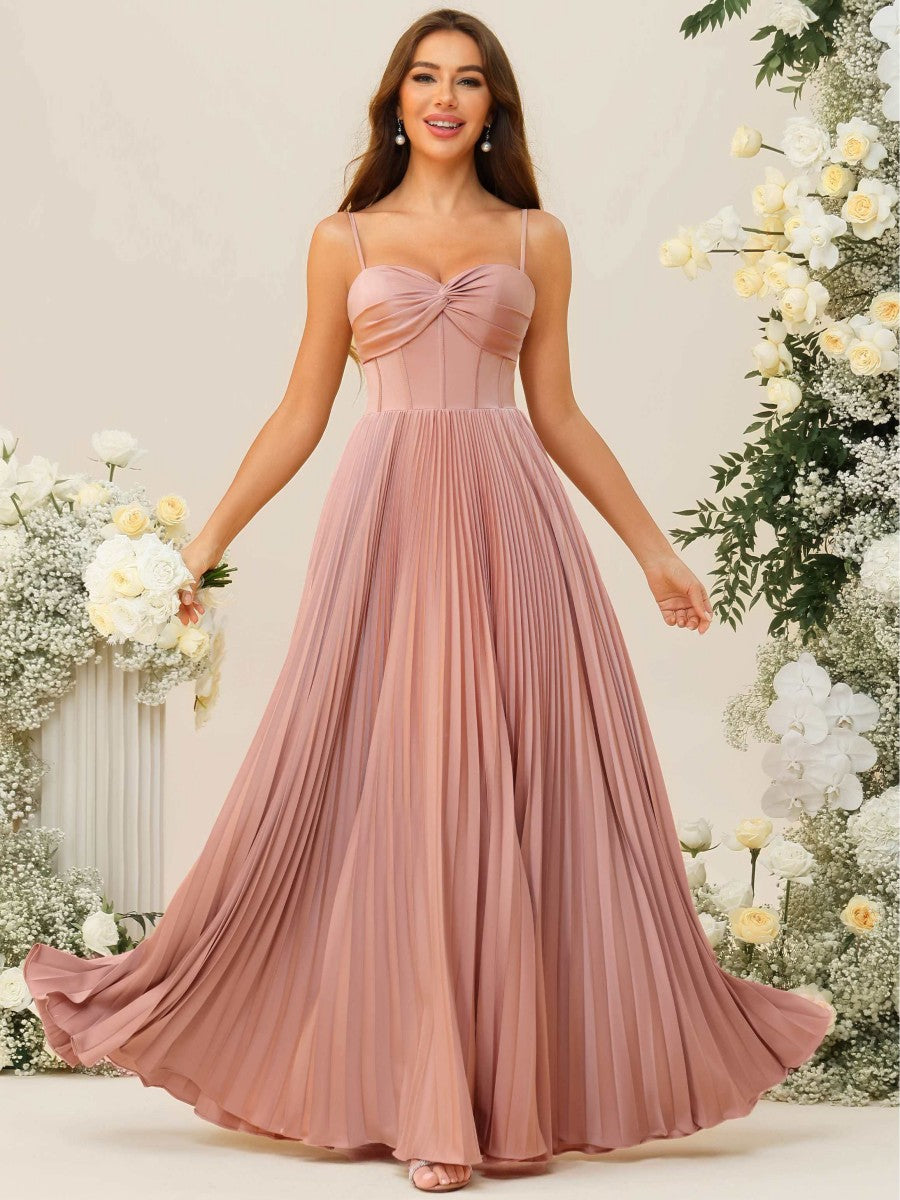 A-Line/Princess Spaghetti Strap Pleated Corset Floor-Length Bridesmaid Dresses
