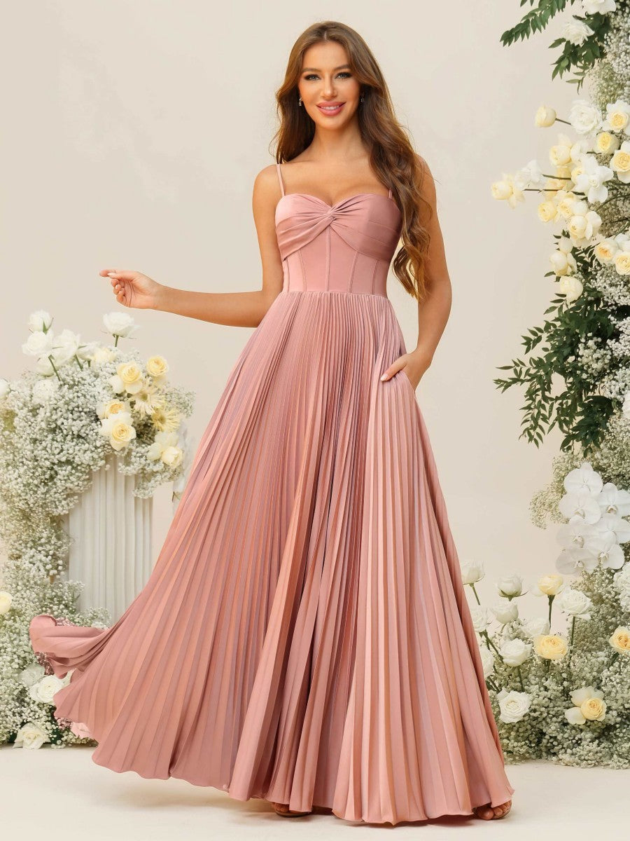 A-Line/Princess Spaghetti Strap Pleated Corset Floor-Length Bridesmaid Dresses
