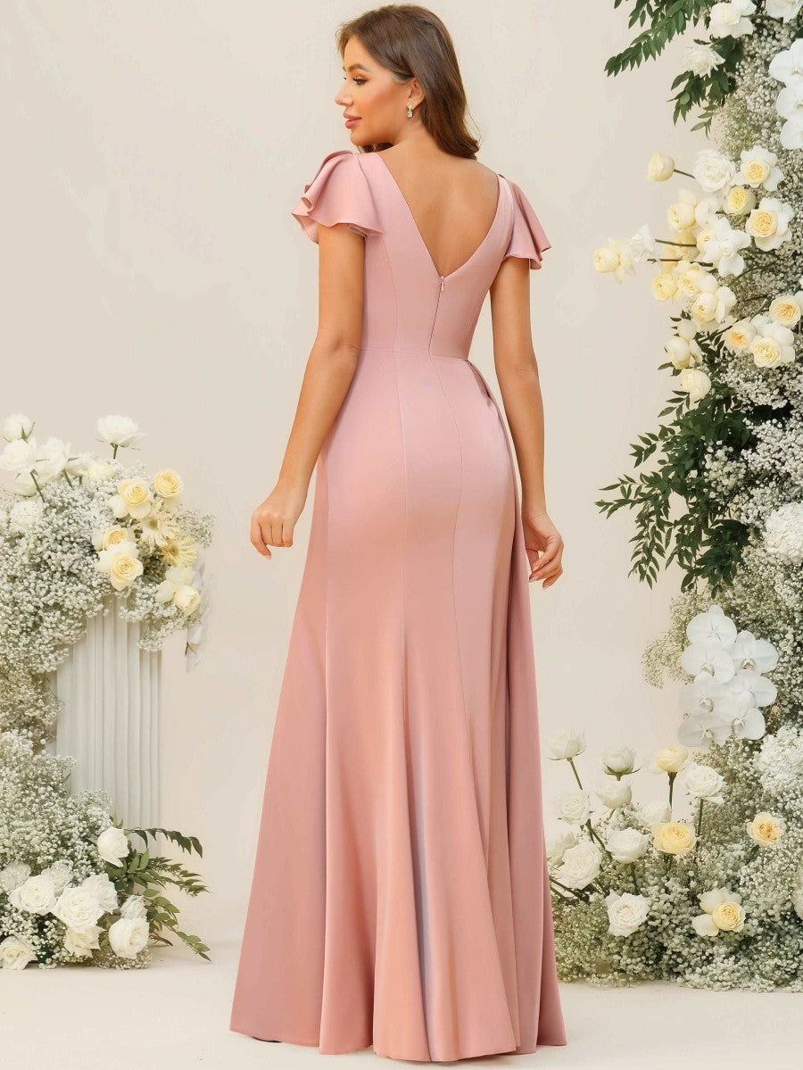 A-Line/Princess V-Neck Ruched Flutter Sleeves Floor-Length Bridesmaid Dresses with Side Train