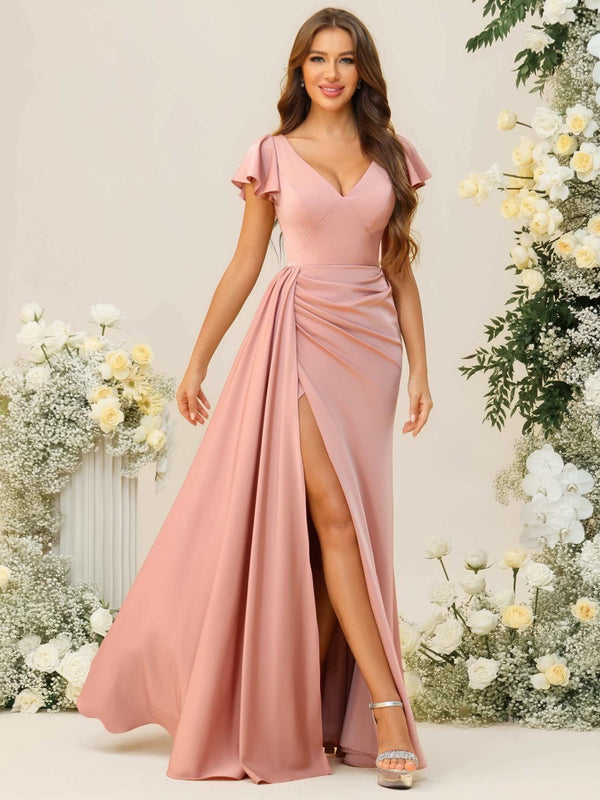 Shirees A-Line/Princess V-Neck Ruched Flutter Sleeves Floor-Length Bridesmaid Dresses with Side Train 2026