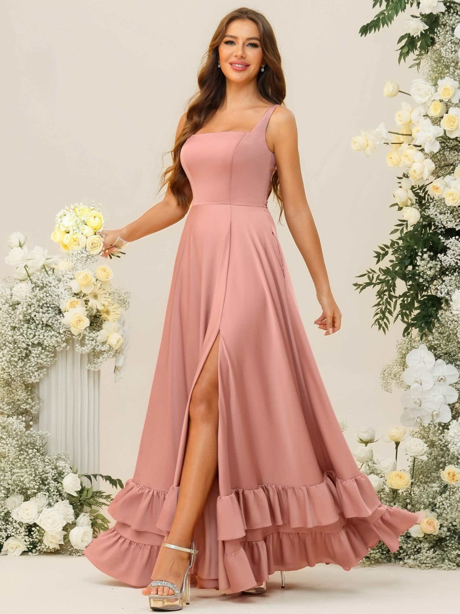 A-Line/Princess Square Neck Sleeveless Floor-Length Bridesmaid Dresses with Ruffle Hem