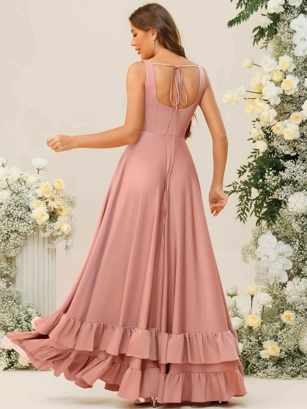 A-Line/Princess Square Neck Sleeveless Floor-Length Bridesmaid Dresses with Ruffle Hem