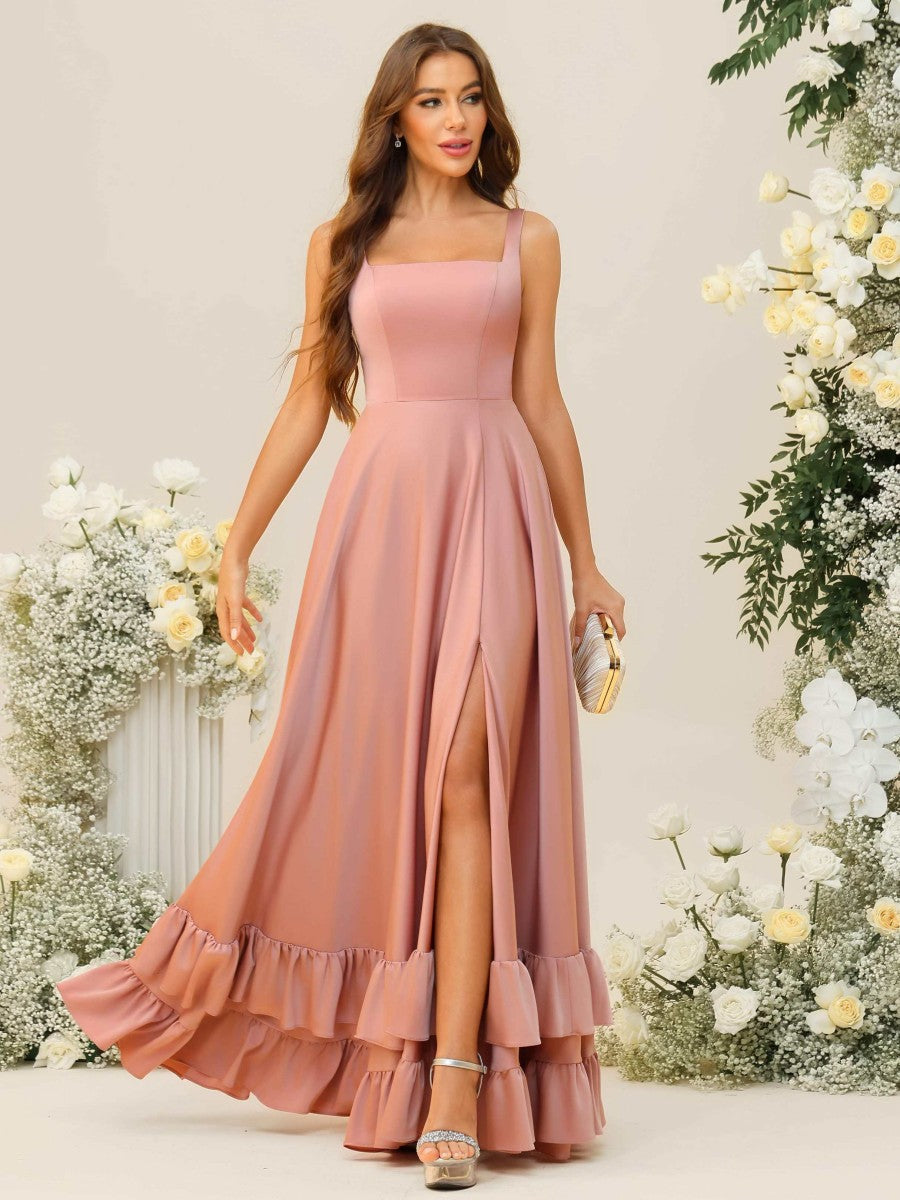 A-Line/Princess Square Neck Sleeveless Floor-Length Bridesmaid Dresses with Ruffle Hem