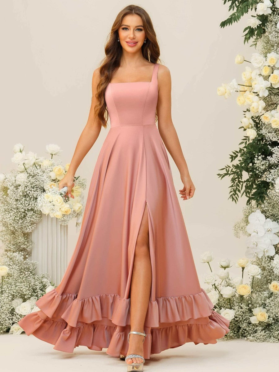 A-Line/Princess Square Neck Sleeveless Floor-Length Bridesmaid Dresses with Ruffle Hem
