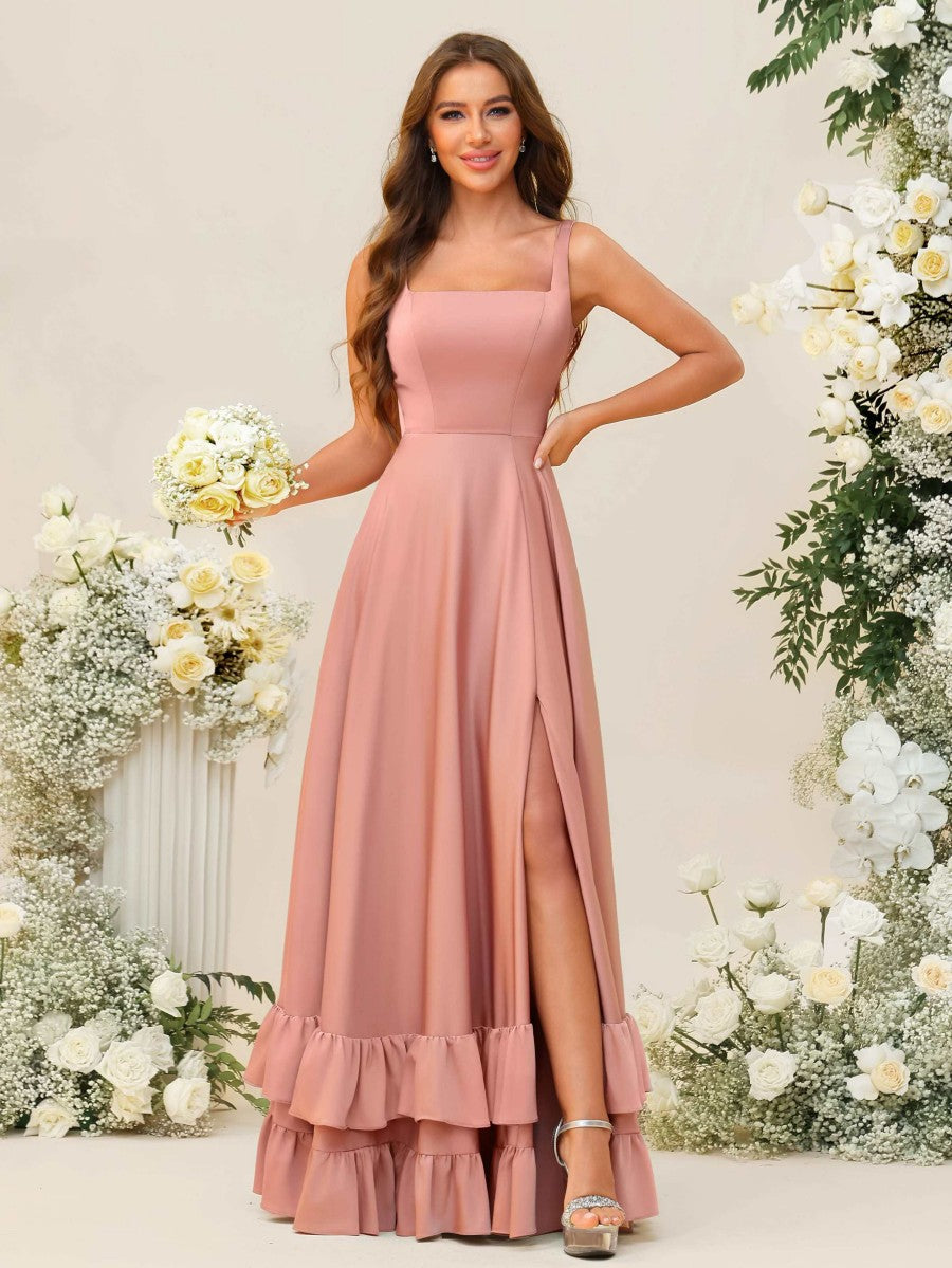 A-Line/Princess Square Neck Sleeveless Floor-Length Bridesmaid Dresses with Ruffle Hem