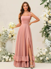 A-Line/Princess Square Neck Sleeveless Floor-Length Bridesmaid Dresses with Ruffle Hem