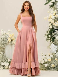 A-Line/Princess Square Neck Sleeveless Floor-Length Bridesmaid Dresses with Ruffle Hem