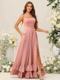 A-Line/Princess Square Neck Sleeveless Floor-Length Bridesmaid Dresses with Ruffle Hem
