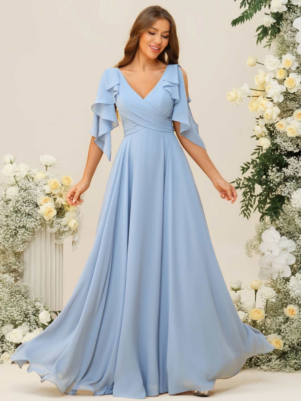 Shirees A-Line/Princess V-Neck Ruffle Sleeve Floor-Length Bridesmaid Dresses 2026 Shirees A-Line/Princess V-Neck Ruffle Sleeve Floor-Length Bridesmaid Dresses 2026